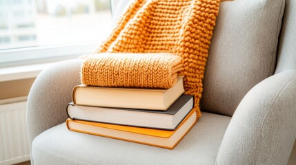 Sticker - A stack of books on a chair with an orange blanket, AI