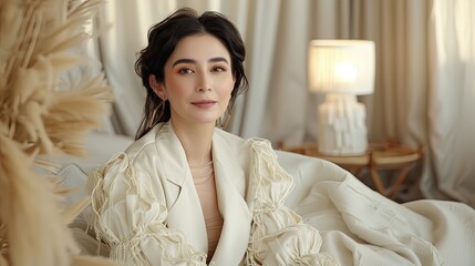 A woman is sitting on a bed wearing a white dress