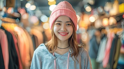 Wall Mural - A woman wearing a pink hat and a necklace is smiling at the camera