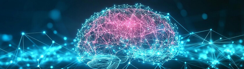 Brain network, interconnected nodes with glowing lines, futuristic cyan and magenta tones, flat design illustration