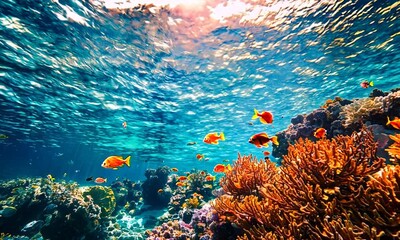 Wall Mural - a group of fish swimming over a coral reef