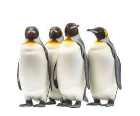 group of four emperor penguins isolated on white. png transparent.
