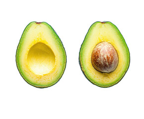 Two avocado halves isolated on white background. PNG transparent.