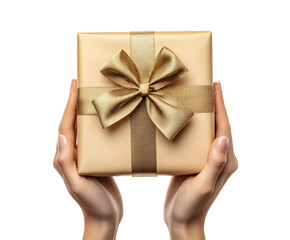 Wall Mural - Wrapped gift box with golden ribbon held by hands isolated on white background. PNG transparent.