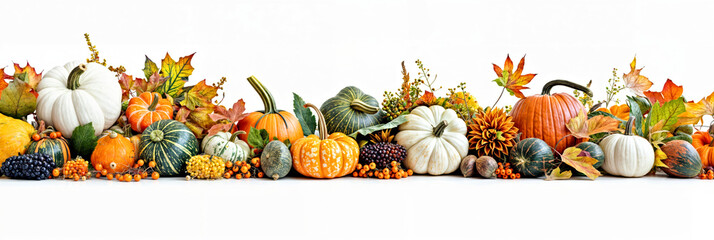 Row of Pumpkins and Squash Arranged on a White Background Autumn Fall Banner Thanksgiving Pumpkin Harvest with Orange Leaves 