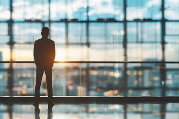 A businessman standing in a modern office with a panoramic window and city view