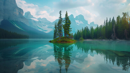 Wall Mural - A serene mountain lake with a floating, glowing island in the center