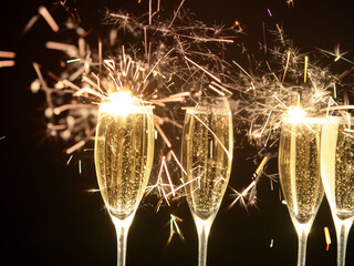 glasses of champagne with fireworks festive celebration background 