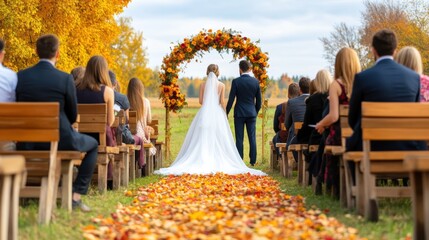 Poster - A couple is standing in front of a wedding arch, AI