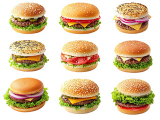 Wall Mural - Assorted hamburgers and sandwiches isolated on white background.. PNG transparent.