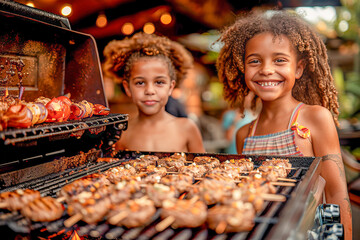 Two happy kids grilling meat and vegetables for a barbecue party