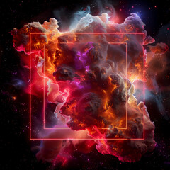 Wall Mural - spectacular cosmic cloud explosion within transparent square with black background. colorful nebula 