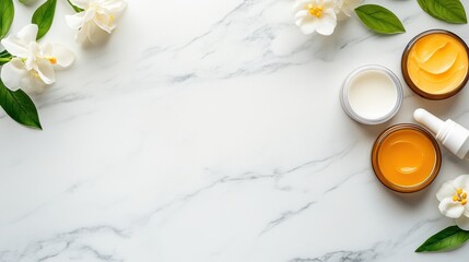 Canvas Print - A white marble counter with jars of cream and flowers, AI