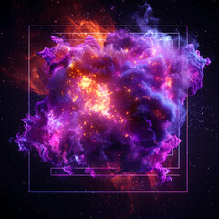 Poster - Spectacular cosmic cloud explosion within transparent square with black background. Colorful nebula and stars in space. Digital art for wallpaper and creative design, Generative AI.