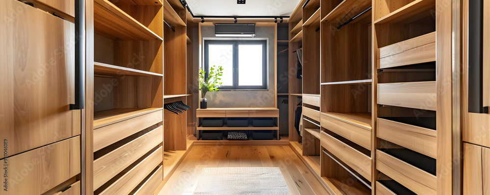 Modern Walk-In Closet Interior Design with Wooden Shelves and Drawers ...