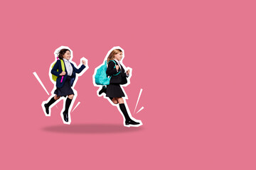 Canvas Print - Composite photo collage of two happy blonde brunette school classmates girls run wear backpack study isolated on painted background