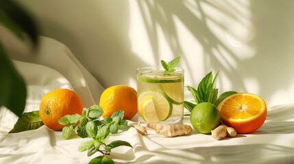 Aesthetic homemade immunity boosting drink with ginger, citrus and mint leaves. Organic detox concept. Generative AI