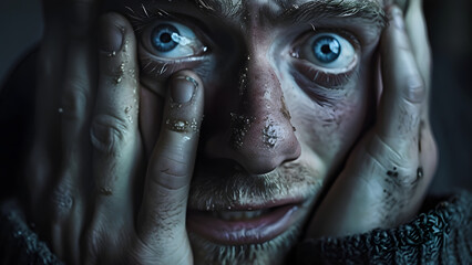 Wall Mural - A poignant photo captures the silent struggle of an adult soldier grappling with PTSD, bowing his head with clasped hands, battling inner demons.