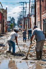 vertical image of Volunteers cleaning muddy streets after flood in urban areas