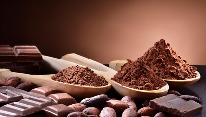 Wall Mural - chocolate bar cocoa powder cacao beans and nibs heap in wooden spoons chocolate background