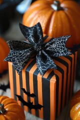 Wall Mural -  A whimsical Halloween gift box filled with miniature pumpkins and bats,