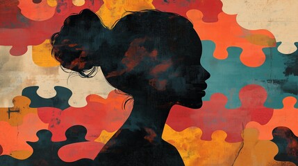 Wall Mural - A woman's silhouette is painted on a colorful background. The woman's hair is in a bun and her face is black. The background is a mix of colors, including red, orange, and blue