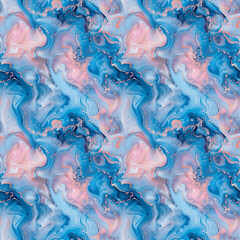 Seamless pattern of blue and pink flowing liquid paint. Abstract fluid art painting background.