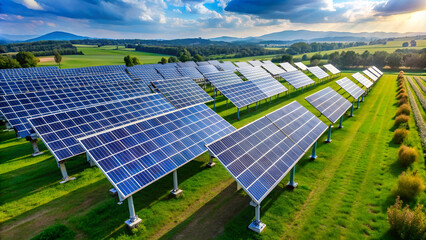 a field of solar panels gleams in the sunlight, symbolizing sustainable energy production. expansive
