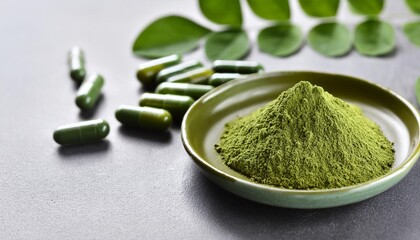 organic moringa powder and capsules on ceramic plate on grey table natural moringa green leaf powder and herbal supplements in a serene setting