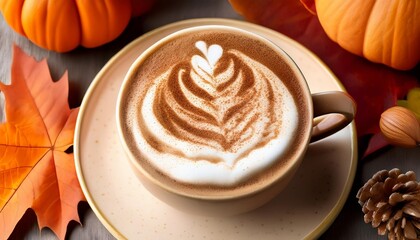 Wall Mural - pumpkin spice latte art with autumn leaves