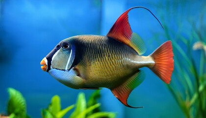 sargassum red tail trigger fish is captive in an aquarium