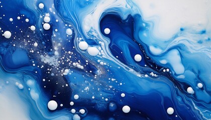 Wall Mural - intense dark and light blue ink swirls with speckles of white creating an abstract oceanic texture with bubbles scattered throughout generative ai