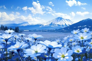 Poster - Blue flower fields landscape mountain outdoors.