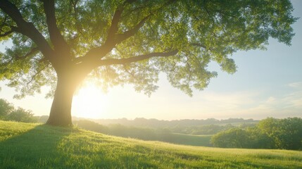 Wall Mural - a large tree is in the foreground of a grassy field