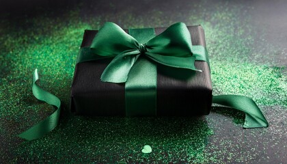 beautifully wrapped black gift box with a green ribbon surrounded by green glitter on a textured dark background