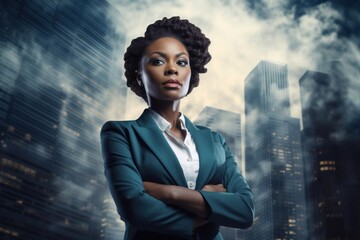 Wall Mural - Black businesswoman with skyscrapers backdrop portrait adult photo.