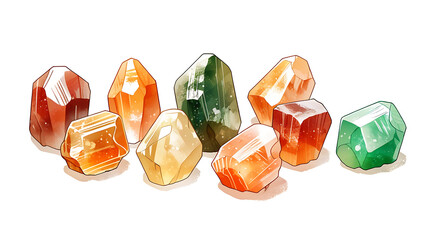 Poster - Illustration of a Set of Tumbled Healing Crystals, Including Citrine, Carnelian, and Aventurine, Representing Abundance and Positive Energy, with Copy Space on a White Background