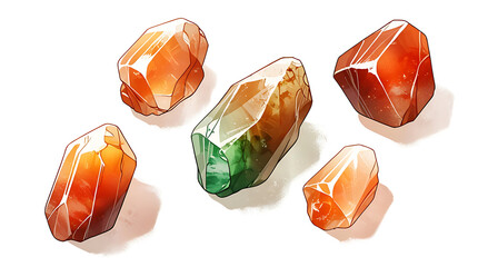 Poster - Illustration of a Set of Tumbled Healing Crystals, Including Citrine, Carnelian, and Aventurine, Representing Abundance and Positive Energy, with Copy Space on a White Background