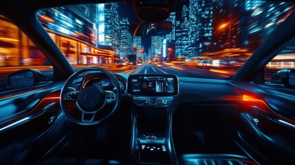 POV of a Car Driving Through the City at Night with Motion Blur