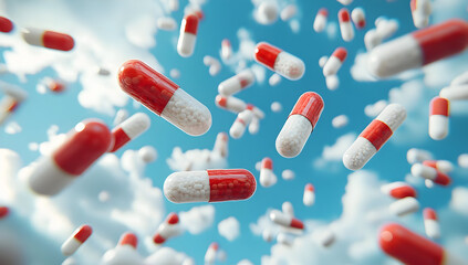 a vibrant depiction of capsules falling through a bright sky, symbolizing health, medication, and ph