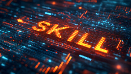 A vibrant digital illustration highlighting the word 'Skill' in glowing orange against a dynamic tech background.