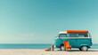 © Earny - A vintage van parked on a serene beach under a clear blue sky, perfect for a summer getaway or travel inspiration.