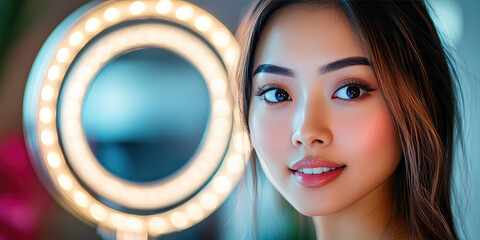 Asian young beautiful woman blogging in front of a ring lamp. Beauty blogger, Influencer, working from home