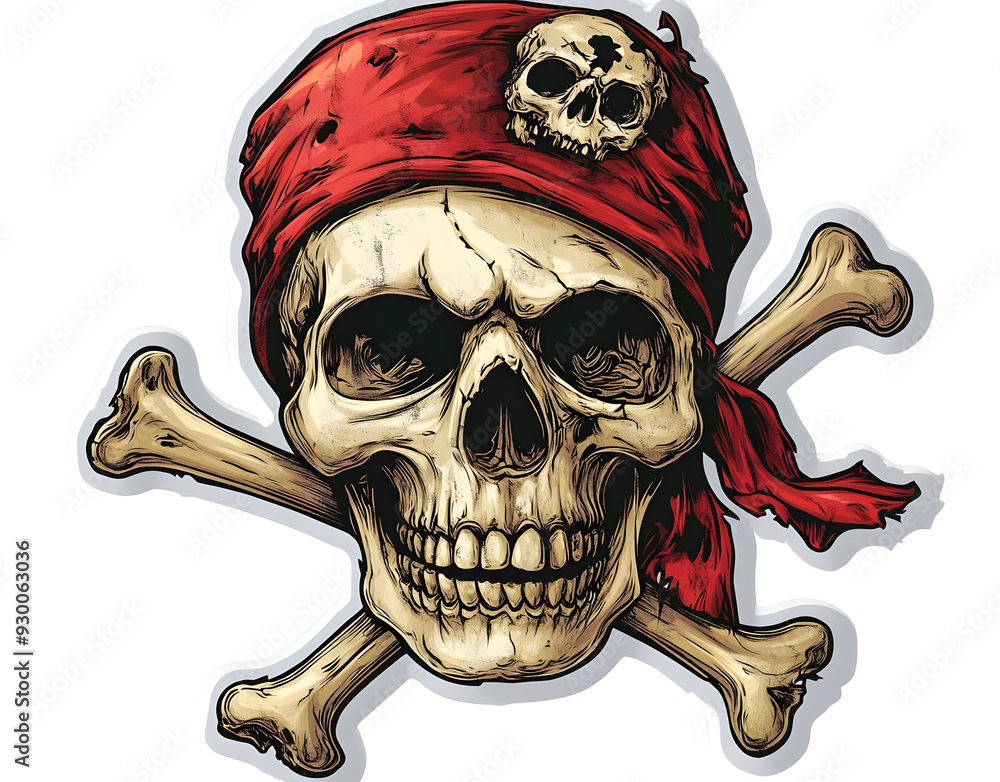 Detailed illustration of a pirate skull with a red bandana and ...