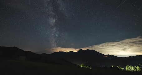 Wall Mural - milky way galaxy stars, starry night sky over mountains time lapse
