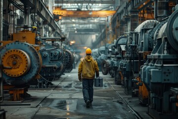 Wall Mural - Rear view of engineer walking through a row of industrial machinery carrying toolbox