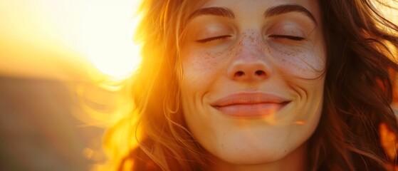 freckles dotting hair, eyes shut sun shines behind, backdrop