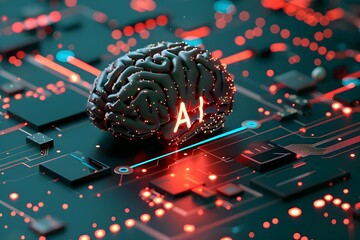 Wall Mural - 3D rendering of the human brain on top of an electric circuit board with text 