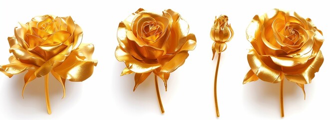 Gold roses, three views of a gold rose on a white background