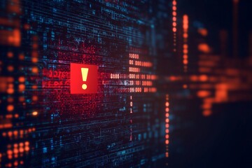 A glowing red warning icon with an exclamation mark inside, overlaid on a dark digital interface filled with code lines, symbolizing detected threats in a cybersecurity system. 